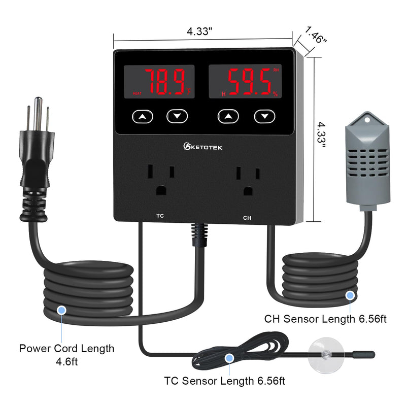 [Australia - AusPower] - KETOTEK Digital Temperature and Humidity Controller Outlet, Reptile Thermostat Plug Dual Stage Pre-Wired for Mushroom Greenhouse Homebrew 