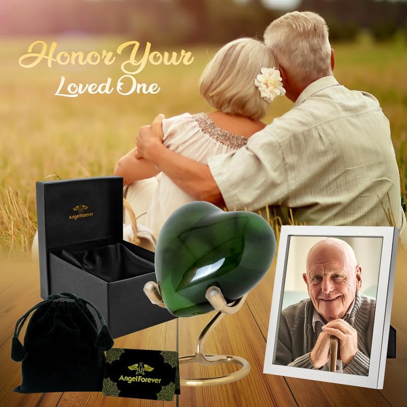 Heart Urn with Stand & Box Keepsake Urn for Human Ashes Mini Cremation Urn for Men & Women (Dark Green) Dark Green