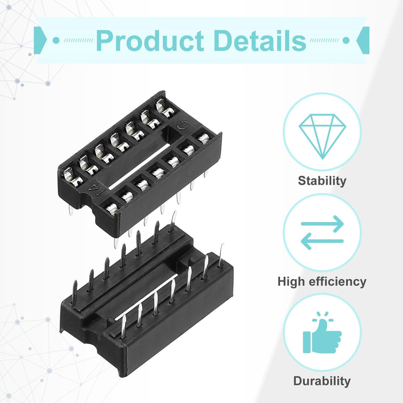 QUARKZMAN Pack of 60 DIP IC Sockets, 14-Pin Dip IC Sockets, 2.54 mm Pitch Flat Pin Chip Connector Adapter for Breadboard Project, PCB Board Design, Black 14 pin