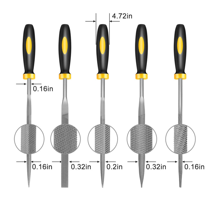 [Australia - AusPower] - Mini Metal Needle File Set, 5pcs, Small Hand Files Set for Detail and Precise Work, Hardened Alloy Strength Steel File Tools Includes Round, Bi Half-Round, Flat, Square, Triangular File 