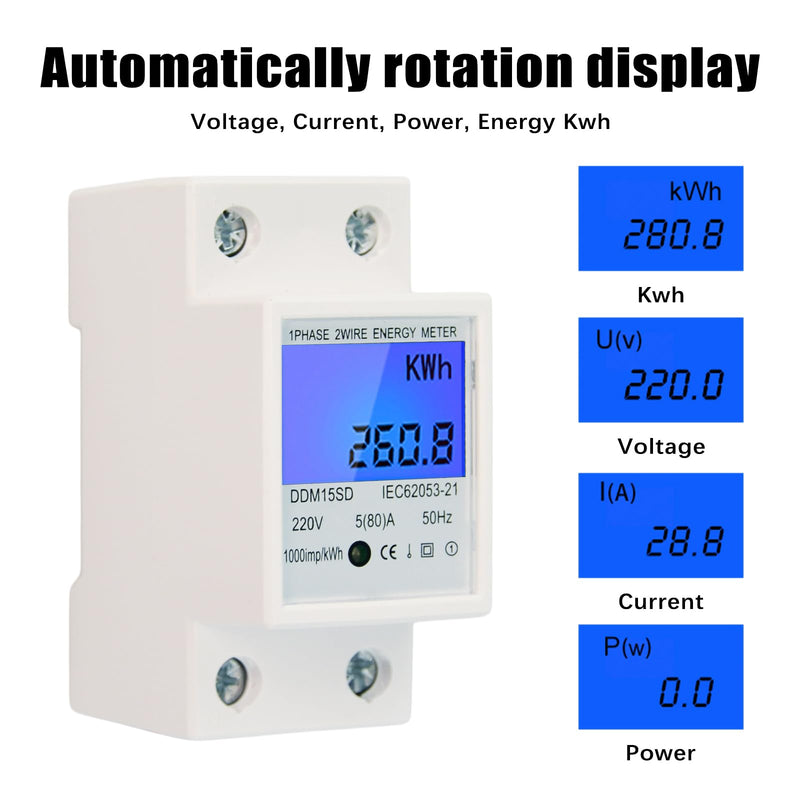 [Australia - AusPower] - Flylin Single Phase Energy Meter 5-80A DDM15SC LCD Digital Display, 2P LED DIN-Rail Electricity Power Consumption Wattmeter Energy KWh Meter Embedded End Cover, 35mm DIN Rail Installation 
