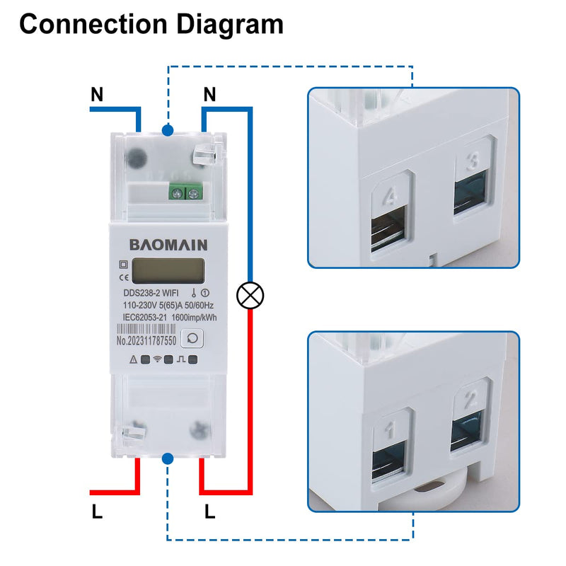[Australia - AusPower] - Baomain Single Phase Smart Energy Meter DDS238-2 WiFi 110-230 VAC 5(65) Amp 50/60 Hz, 1600imp/kWh 