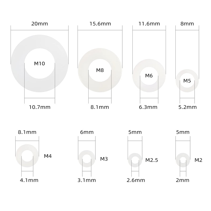 [Australia - AusPower] - QTEATAK 510 Pcs White Nylon Flat Washer Assortment Kit for Electrical Connections on Household & Commercial Appliances, (M2 M2.5 M3 M4 M5 M6 M8 M10) 