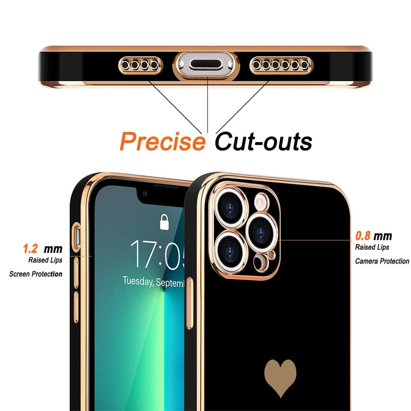 [Australia - AusPower] - Teageo for iPhone 13 Pro Case for Women Girl Cute Love-Heart Luxury Bling Plating Soft Back Cover Raised Full Camera Protection Bumper Silicone Shockproof Phone Case for iPhone 13 Pro, Black 