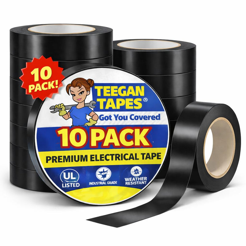 Gaffer Power Black Electrical Tape 10 Pack – 3/4” x 66 ft, 7 Mil PVC Vinyl Insulation Tape – Heat & Flame Resistant, Flexible Wire Tape for Electrical, Automotive & Home Use
