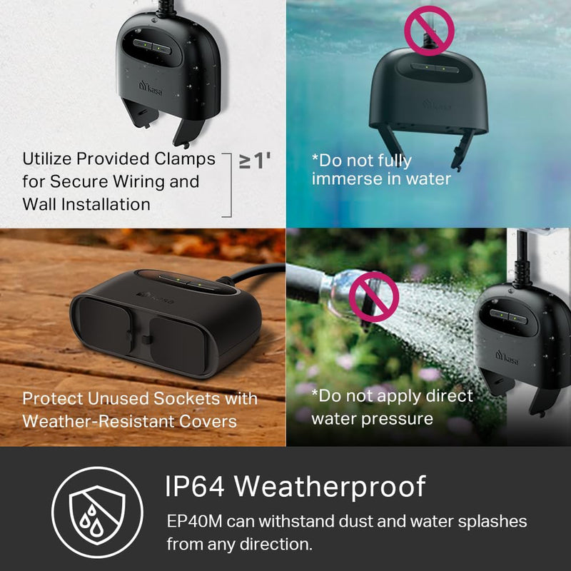 Kasa Matter Smart Outdoor Plug, Dual Outlet, IP64 Weather Resistance, Works with Apple HomeKit, Amazon Alexa, Google Home, SmartThings, 15A/1800W Max, ETL Certified, 2.4G Wi-Fi Only, EP40M Matter, 2-Socket