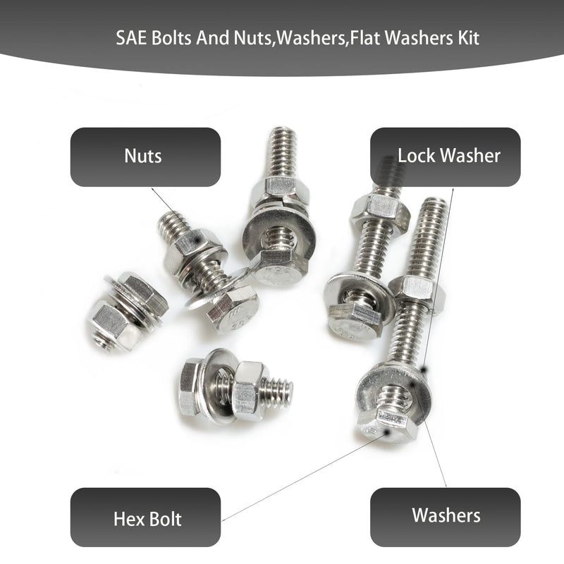 [Australia - AusPower] - 180 pcs SAE Stainless Steel Nuts and Bolts Assortment Kit, Including 6 Sizes 1/4-20 Hex Bolts,Flat Washers, Lock Washers. Packaged by Plastic Box, Made by 304 Stainless Steel 1/4-20" Hex head 