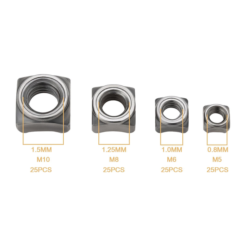 [Australia - AusPower] - 100x Steel Square Nuts Assortment Kit M5x0.8mm M6x1.0mm M8x1.25mm M10x1.5mm Pitch Weld Nuts for Pipe Furniture Tables Shelves 