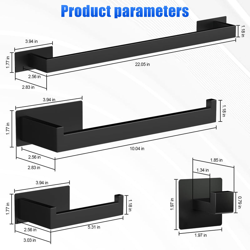 Self-Adhesive Bathroom Hardware Set 5 Pieces, Matte Black Stainless Steel Towel Bar Set, Includes 24Inch Single Rod, Towel bar,Toilet Paper Holder, Single Hook, Bathroom Towel Rack Set (Matte Black)