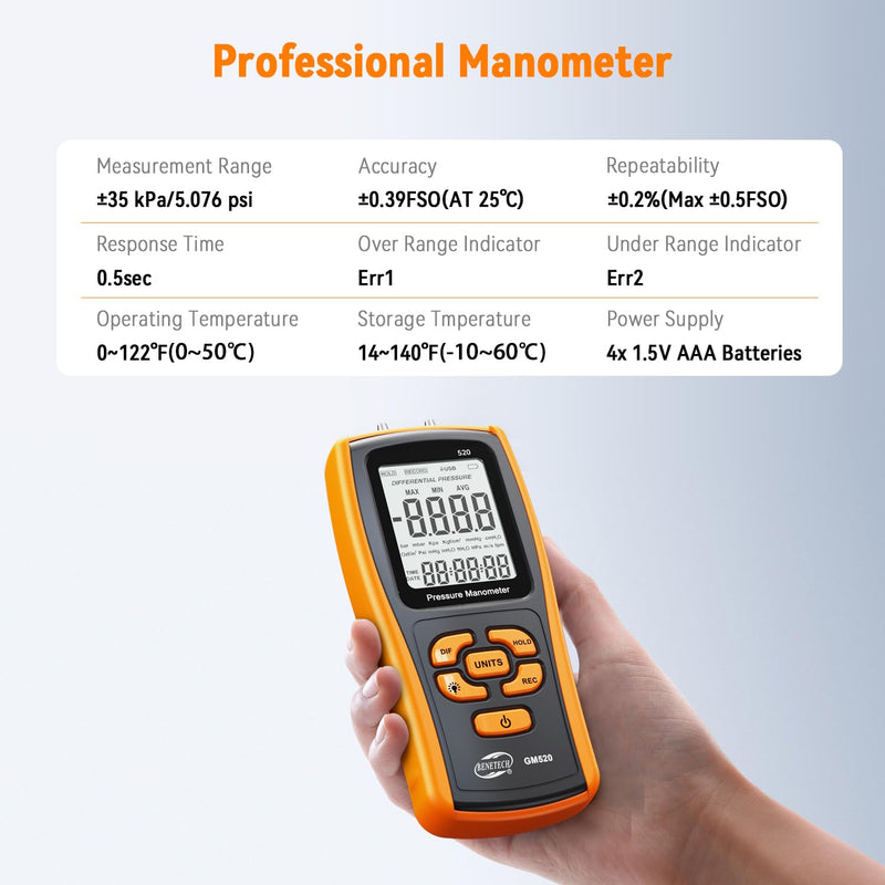 Digital Manometer Gas Pressure Tester, Professional Air Pressure Meter, Differential Pressure Gauge for HVAC, Gas Valve (GM520) GM520X