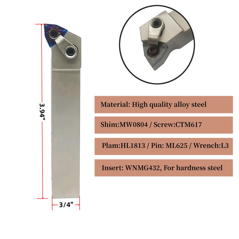 [Australia - AusPower] - 3/4" Right Cutting CNC Lathe Carbide Excircle Indexable Turning Tool Holder Bit Set MWLNR2020K08 with 10pcs WNMG432 WNMG080408 Indexable Carbide Inserts for hardness steel 3/4" holder with WNMG432 inserts 