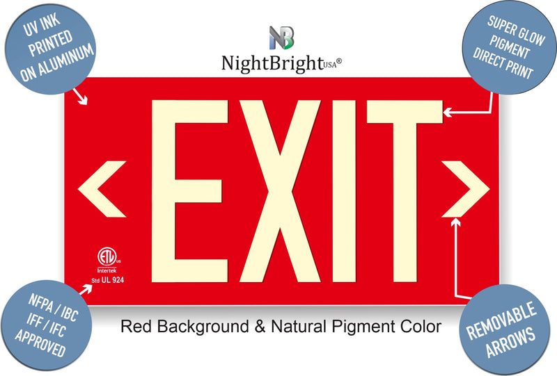 Photoluminescent Exit Sign with Holes and Hardware - Aluminum - UL 924 Code Approved/IBC/NFPA 101 - Made in USA | NightBright USA Part: ULR-050-HH