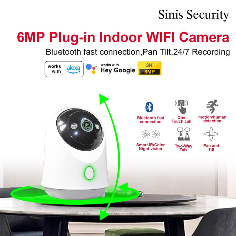 [Australia - AusPower] - Sinis Smart Indoor Pan-Tilt Home Security Camera, 6mp Plug in WiFi Camera w/Night Vision, Motion Detection for Baby & Pet Monitor, Cloud & SD Card Storage, Works w/Alexa & Google Home, 2.4/5G WiFi 