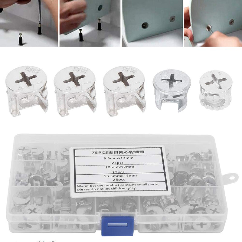 [Australia - AusPower] - 75pcs Cam Lock Fittings Cam Nut Furniture Eccentric Wheel Nut Set 3-in-1 Connector Fastener, Screws 