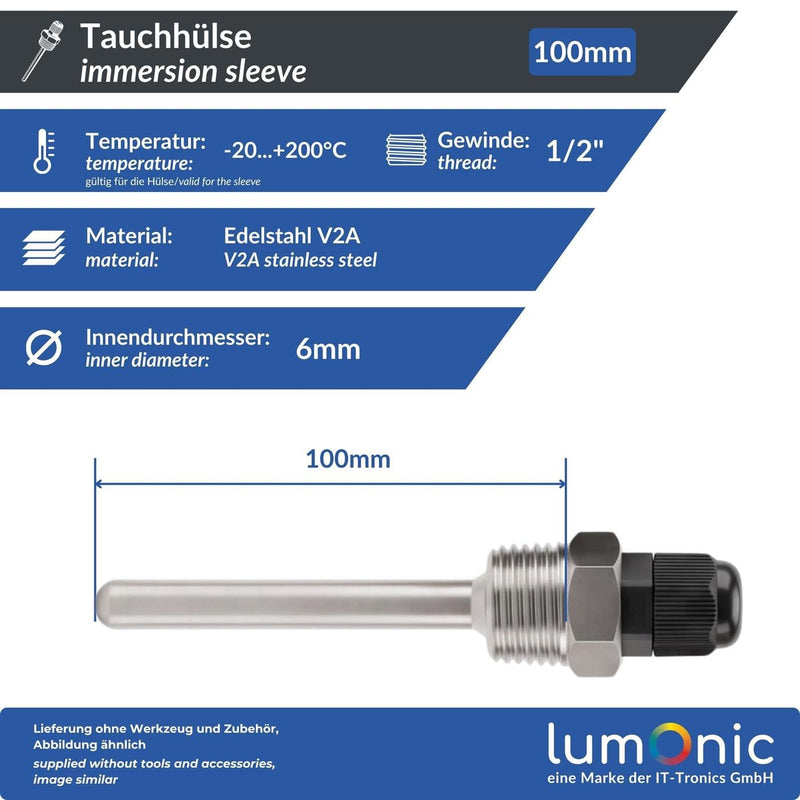 Lumonic Immersion sleeve V2A stainless steel 1/2 inch, 100 mm installation length, perfect fit for 6 mm temperature sensor, for buffer storage, heating, solar and smart home 1x 100mm