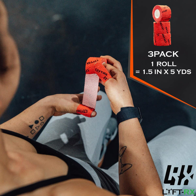 Weightlifting Hook Grip Tape w/Premium Adhesive for Olympic Weight Lift, Cross Fitness, Lifting, Stretch Athletic Finger Wrap, Protects Thumb Fingers Hand, Enhances Grip 3 ROLL Orange 1.5-inch