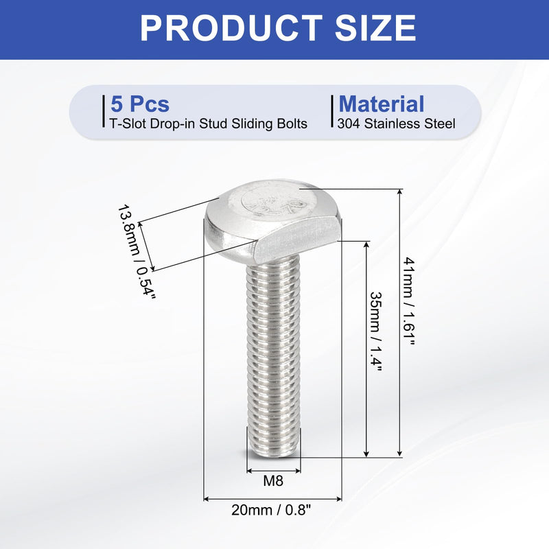 [Australia - AusPower] - PATIKIL M8 x 35 mm T Slot Bolts, 5 Pcs 304 Stainless Steel Drop-in Bolt T Shape Stud Sliding Screw Metric Thread Hammer Head Bolt for T Track, Silver M8x35mm 