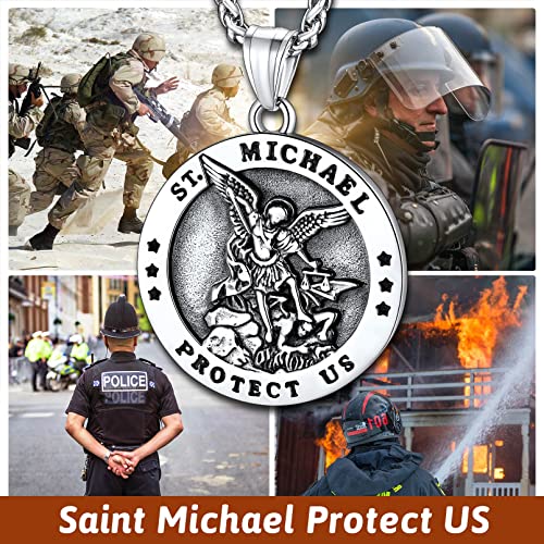 FaithHeart Saint Michael Pendant Necklace for Men, with 22"+2" Wheat Chain 01. Round Style 1-Silver Stainless Steel