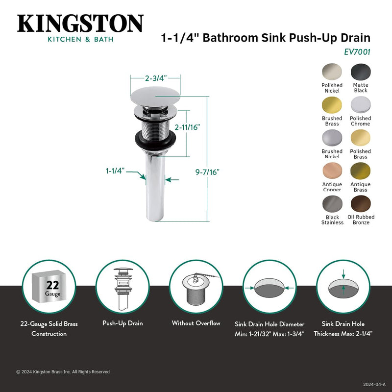 Kingston Brass EV700AC Push Pop-Up Drain without Overflow, 22 Gauge, Antique Copper