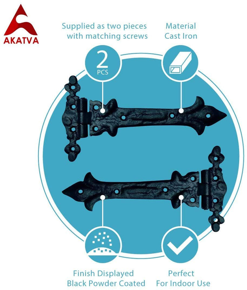 Akatva T Hinge Set - 2 Pieces Gate Hinges for Wooden Fences Heavy Duty - Barn Hinges for Doors - Black Hinges – Hinges for Shed Door - Door Hinges Black Matte - Hinges Outdoor - Fence Strap Hinge Set 2 Pieces Set