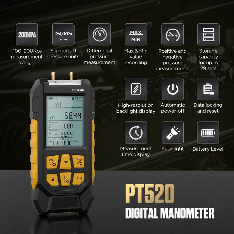 [Australia - AusPower] - PT520 Digital Manometer,Air and Gas Pressure Tester,Dual Port Air Pressure Meter,HVAC Gas Pressure Tester with 11 Selectable Units, Various Adapters, -100~200 Kpa 