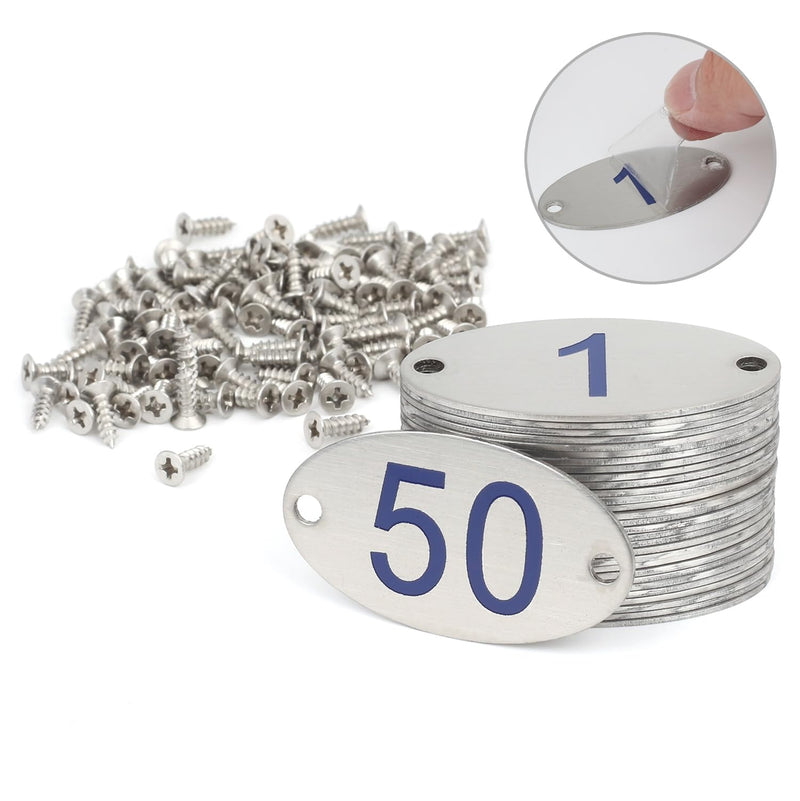 Oval Locker Cabinet Numbers, 304 Stainless Steel Engraved Table Signage Tags Labels - Blue Numbers 1 to 50