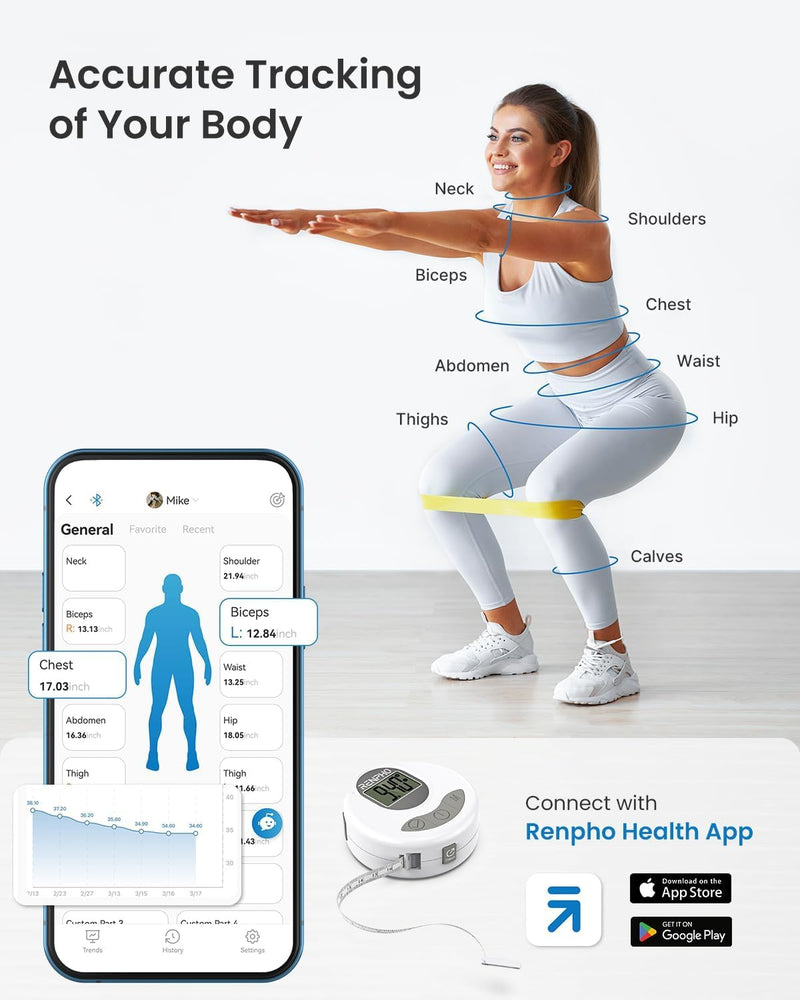 [Australia - AusPower] - Smart Tape Measure Body with App - RENPHO Bluetooth Measuring Tapes for Body Measuring, Weight Loss, Muscle Gain, Fitness Bodybuilding, Retractable, Measures Body Part Circumferences, Inches & cm 