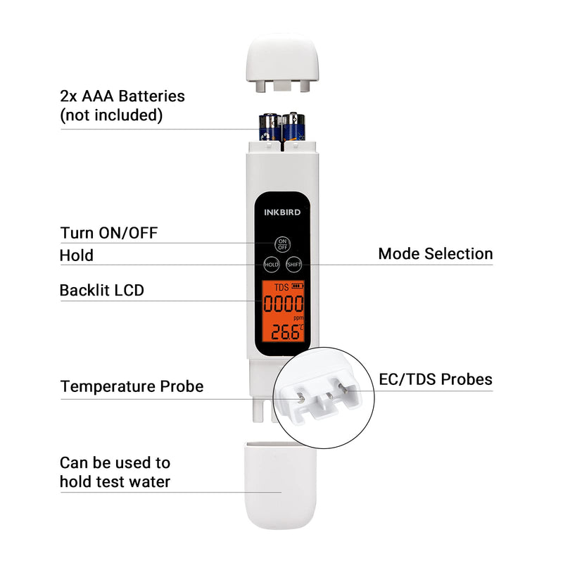 [Australia - AusPower] - TDS Meter Digital Water Tester, INKBIRD Professional Electronic 3-in-1 TDS, Temperature and EC Meter, 0-4995ppm, Ideal ppm Meter for Drinking Water, Aquariums, and More Lab Viscometers(White) 