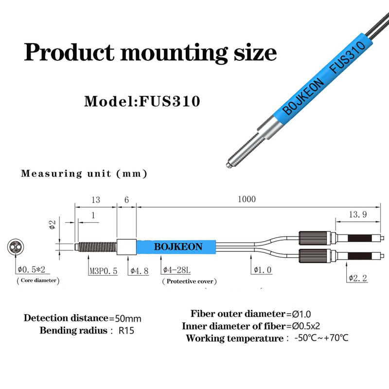 [Australia - AusPower] - FUS310 Fiber Optic Sensor,Diffuse Reflective Digital Fiber Optic,1m Line Length,M3 Sensor Probe 