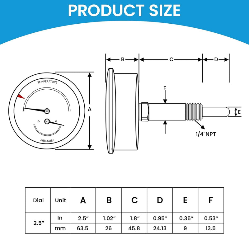 [Australia - AusPower] - MEASUREMAN Commercial Tridicator Boiler Gauge Kit, 2.5" Dial, 0-200 PSI (ft H₂O) & 70-320°F, 1/4" NPT Back Mount with 1/2" NPT Adapter and O-Ring（2.95'' Stem） 0-200 PSI 70-320°F 2.95'' Stem 