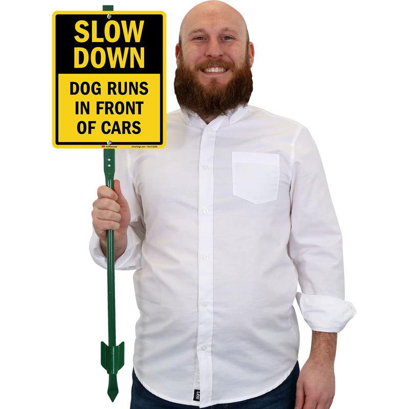 SmartSign 12" x 10" 'Slow Down Dog Runs In Front Of Cars' LawnBoss Yard Sign with 3 ft Stake, 40 mil Aluminum, 3M Laminated Engineer Grade Reflective Material, Black and Yellow