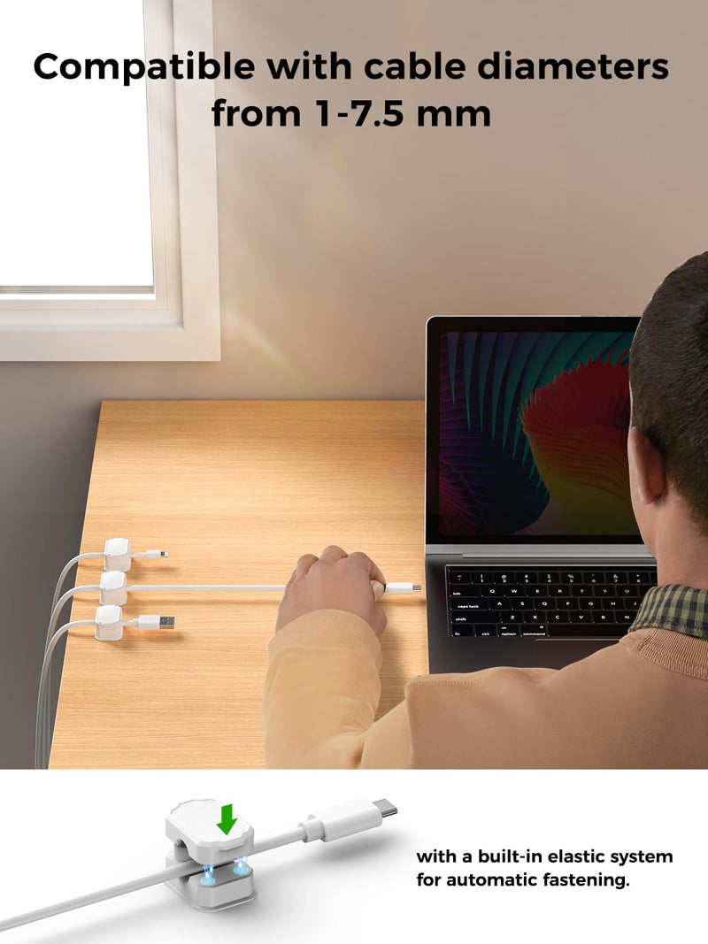 [Australia - AusPower] - 6 Pack Elastic Cable Clips [auto Tighten] Cable Holder, Desk Cable Management, Cord Organizer for Home Office Desk Phone car Wall Mounted Desktop nightstand Cable Management?White 6 