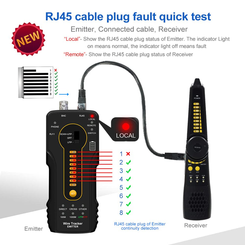 [Australia - AusPower] - Digital Tone Cable Tracer, WANLUTECH Network Cable Tester Tone Generator and Probe Kit RJ11 RJ45 Cable Test for Cable Continuity Checking NCV Detecting PoE Switch Power Supply Pins CT-66 