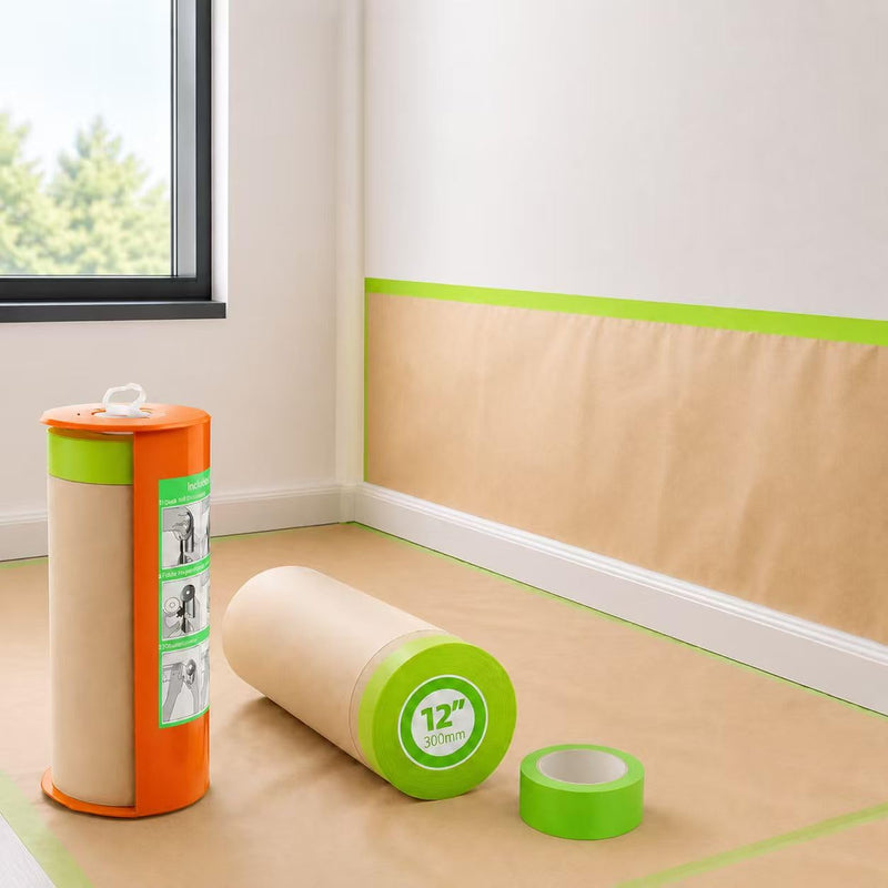 Pre-Taped Masking Paper with Dispenser - 12" x 50' Painters Paper and Tape for Painting House, Furniture, Cars Auto Body (1 Dsp 1Tape 2 Refills: 12" x50') 1 Dsp 1Tape 2 Refills: 12"x50'