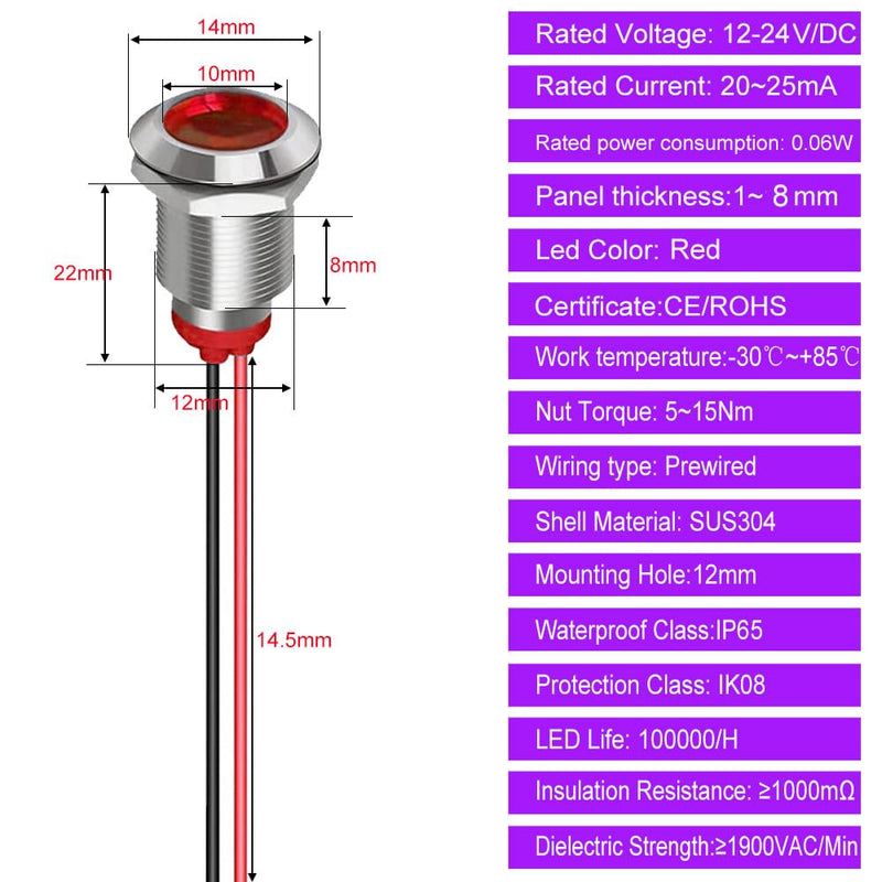 [Australia - AusPower] - 5pcs 12mm LED Metal Indicator Light AC/DC 12-24V Waterproof Signal Lamp Pilot Dash Directional with Wire(Red) Red AC/DC 12-24V 