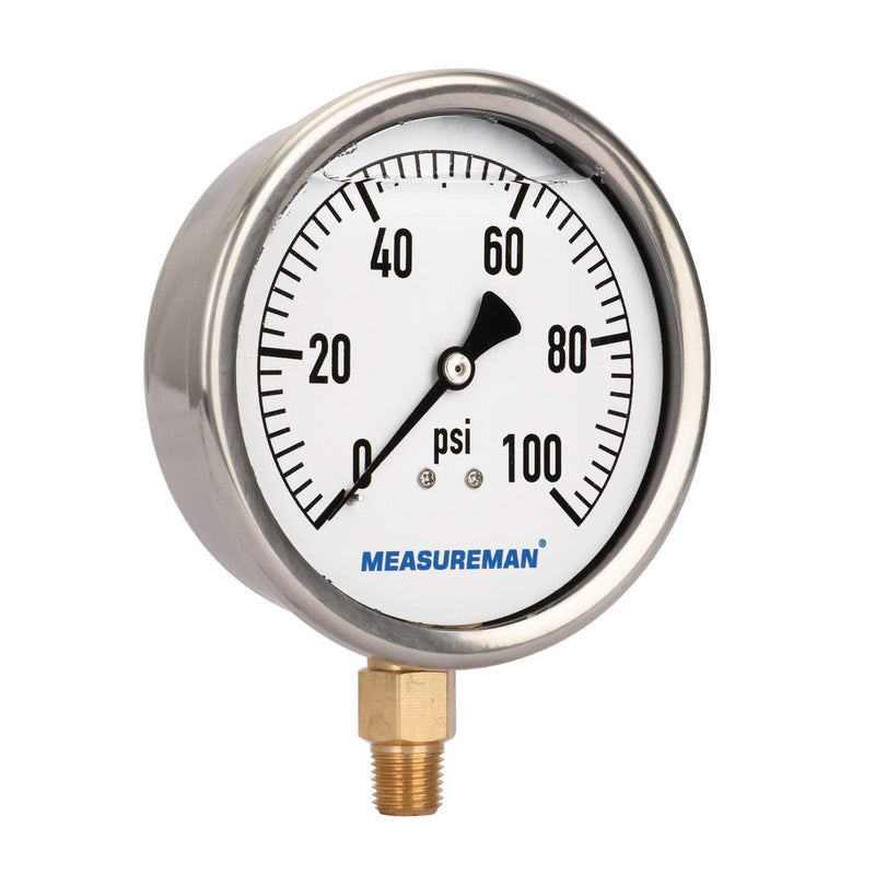 [Australia - AusPower] - MEASUREMAN 4" Dial Size, Glycerin Filled Plumbing Pressure Gauge, 0-100psi, Stainless Steel Case, 1/4"NPT Lower Mount 