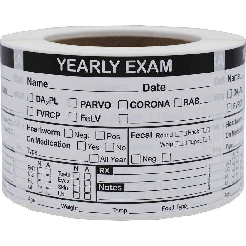 Yearly Exam Veterinary Labels 3 x 4 Inch 100 Total Stickers