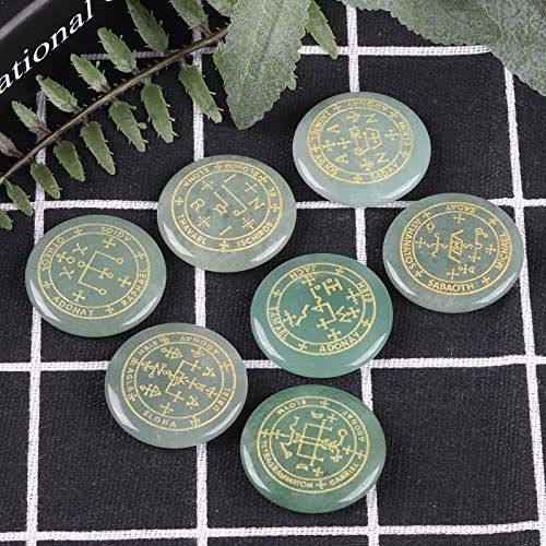 mookaitedecor 7 Piece Stones with Engraved Magic Archangel Symbol Green Green Aventurine