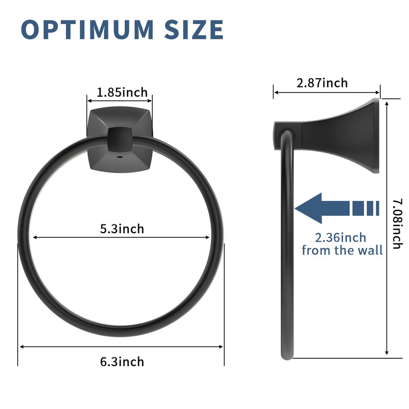 Hand Towel Holder for Bathroom Matte Black Towel Ring Stainless Steel and Zinc Alloy Towel Hanger Wall Mount for Bath, Kitchen, 2 Pack