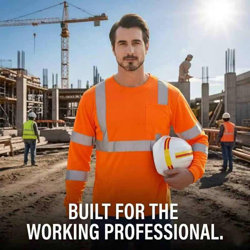 Class 2 High Visibility Shirts for Men Long Sleeve Work Shirts with Pockets Reflective Strips for Outdoor Work Large 3pcs Orange
