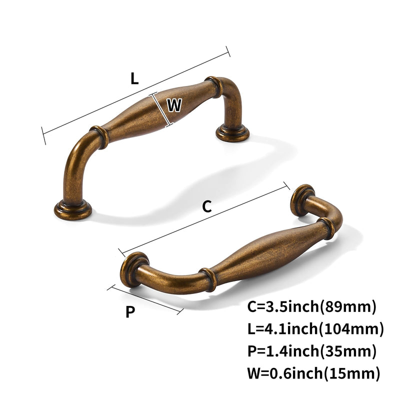 khtumeware 10 Pack 3-1/2inch(89mm) Hole Center Antique Brass Cabinet Pulls Solid Heavy-Duty Tradition Handles Hardware for Bathroom Dressers Pull cabinets wardrobes Closet Doors
