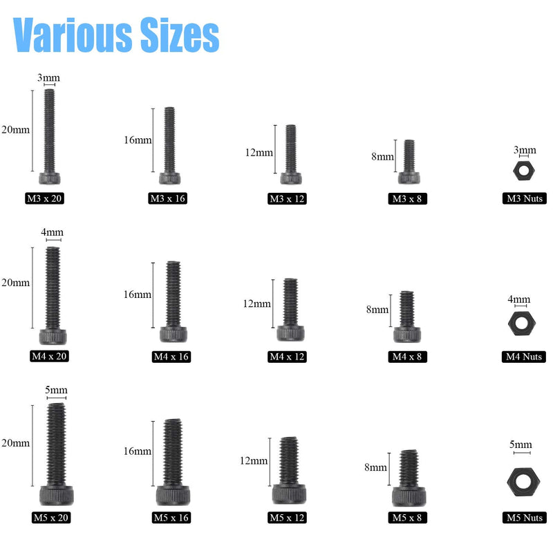 [Australia - AusPower] - DYWISHKEY 500 Pieces M3 M4 M5, 12.9 Grade Alloy Steel Hex Socket Head Cap Bolts Nuts Assortment Kit with Hex Wrenches 