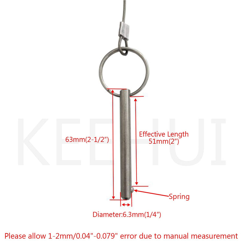 4PIECES of Quick Release Pin 1/4" Diameter, Usable Length 2"(50mm), Total Length 2-1/2"(63mm) Full 316 Stainless Steel, Bimini Top Pin, Marine Hardware