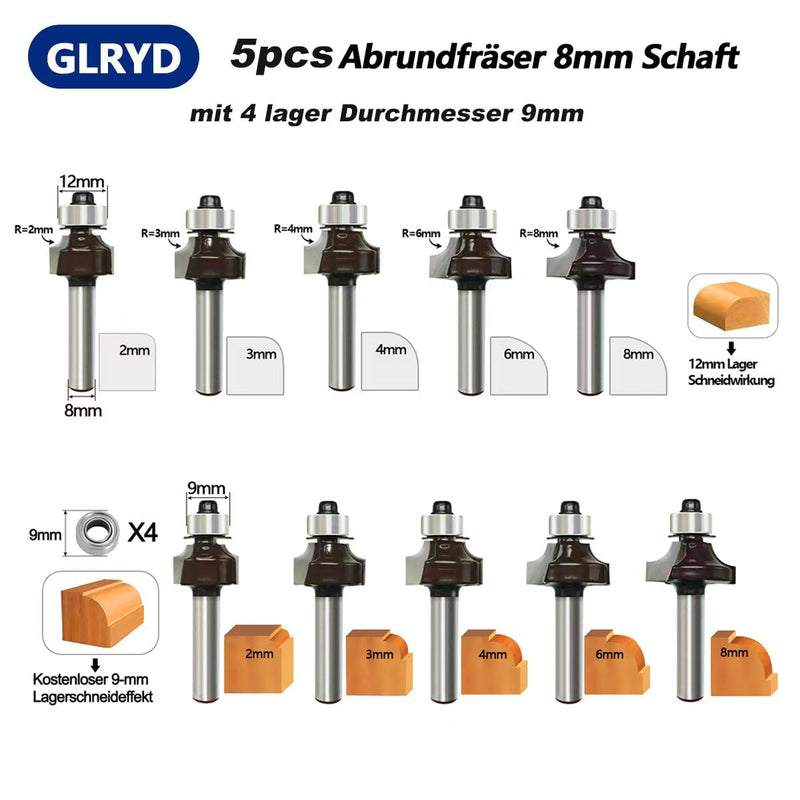 [Australia - AusPower] - glryd Pack of 5 Rounding Cutter 8 mm Shank, Radius 2-3-4-5-8 mm, with 4 Interchangeable Ball Bearings, Round Cutter, Carbide Radius Cutter, Round Over Cutter Bits, for Carpentry, Chamfering 5- Stück Abrundfräser 