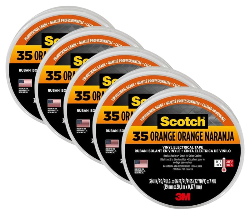 Scotch Vinyl Electrical Tape #35, 3/4 in x 66 ft, Orange – Premium Quality, Flame Retardant, Weather Resistant, Pack of 5