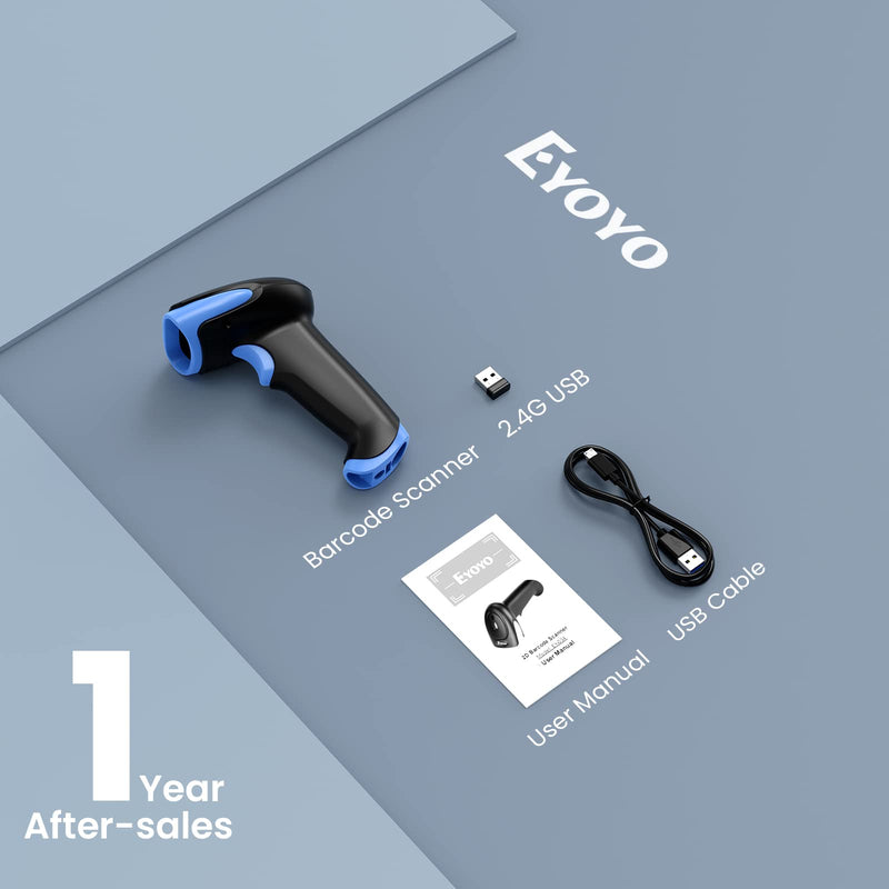 Eyoyo 2D Bluetooth Barcode Scanner Wireless, 2500mAh Handheld Cordless USB Wired QR Bar Code Reader for Library, Warehouse Inventory Compatible with iPad, Android Phone, iPhone, Laptop Dark blue