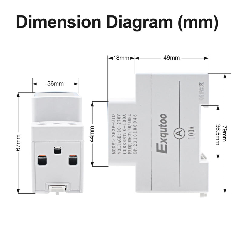 [Australia - AusPower] - Exqutoo Digital Display Energy Meter - AC Rail-Mounted Meter Electricity Usage Monitor for Voltage, Current, and Energy Consumption Measurement - GT2P-UID, AC 80~270V, 0~100A, 50/60Hz 3 Functions Digital Display 
