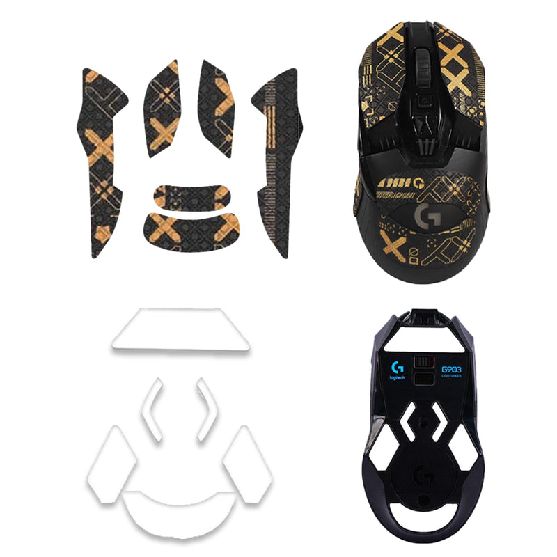 NOUKAJU Mouse Grip Tape for Logitech G903/Logitech G900, Rounded Curved Edges Mouse Feet Skates,Self-Adhesive PreCut Sweat-Resistant Professional Mice Upgrade Kit(Foot pad + Black-Gold Mouse Tape)