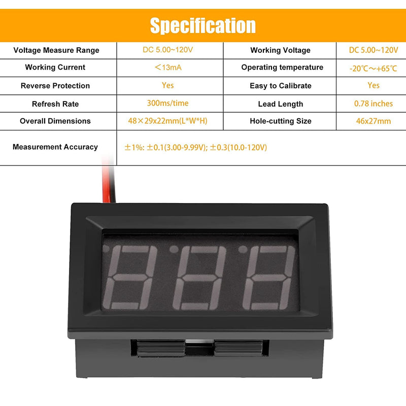 [Australia - AusPower] - 5 Pack DC 5~120V Digital Mini Voltmeter Tester Voltage Gauge, SUNJOYCO 0.56" LED Display Panel Motorcycle Battery Monitor, 2 Wire Calibratable DC Volt Meter, Blue 