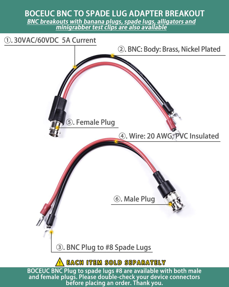 [Australia - AusPower] - BNC Test Leads, BNC Jack to Spade Lugs, Test Lead Breakout Cable for Multimeter, 5A Current Rating, 1 Pack Male Plug 